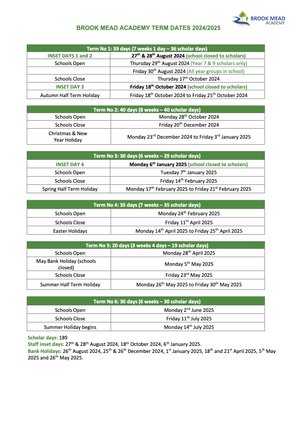 Term Dates Brook Mead Academy TMET Leicester MAT